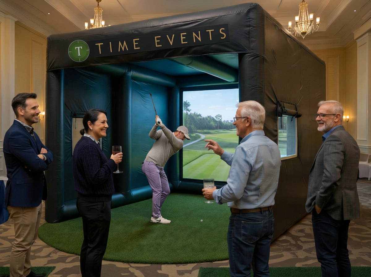 Guests gathered around a T Time Events inflatable golf simulator in a ballroom