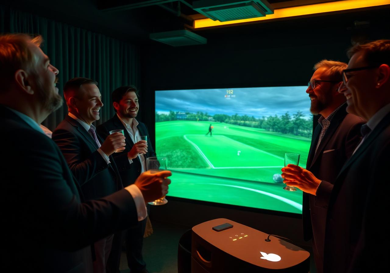 Corporate guests celebrating around a golf simulator